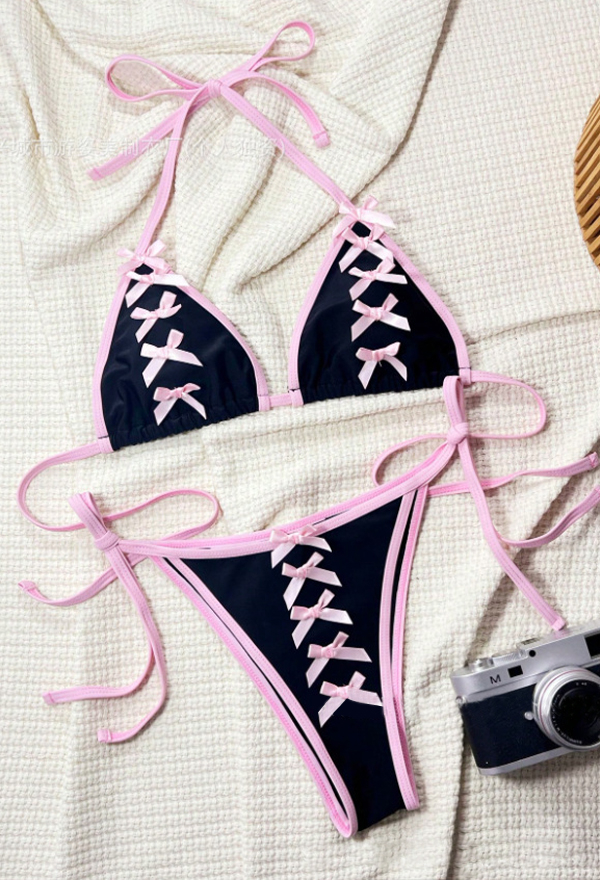 Gothic Black and Pink Bow Bikini Set Lace-Up Two-Piece Swimsuit